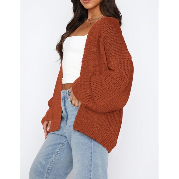 Womens Trendy Cardigan Sweaters Rust Red Long Sleeve Chunky Knit Outfits - Picture 3 of 8